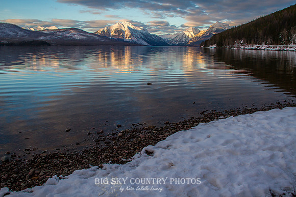 A view of the foot of Lake McDonald - Glacier National Park, with Stanton Mountain, Mount Vaught, Mount Brown and Little Matterhorn, from the Apgar Picnic Area