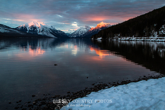 alpenglow on Stanton Mountain, Mount Vaught, Mount Grown and Little Matterhorn - viewed from the foot of Lake McDonald - Glacier National Park