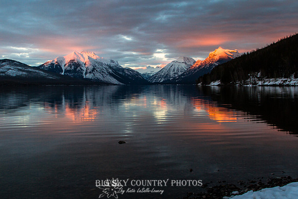 alpenglow on Stanton Mountain, Mount Vaught, Mount Grown and Little Matterhorn - viewed from the foot of Lake McDonald - Glacier National Park